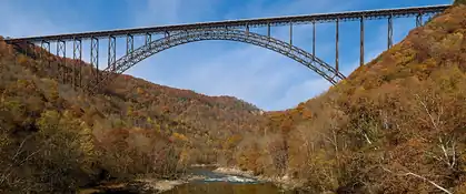 New River Gorge Bridge arching over the forested gorge in autumn, West Virginia